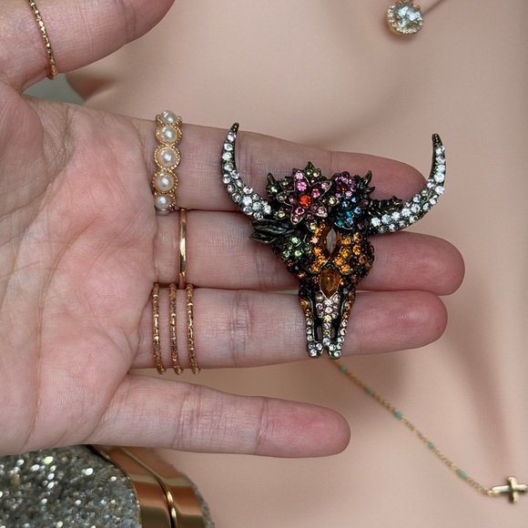 ⚜️❤️‍🔥 Western Longhorn Multicolor Brooch With  Crystals 🤘💎 - Picture 6 of 8